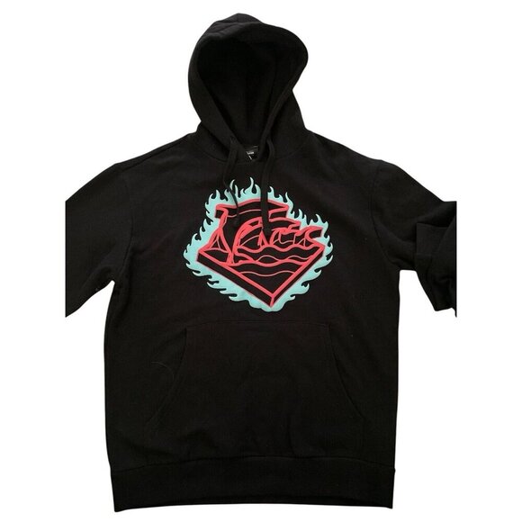 Pink Dolphin Slow Burn Print Men's Large Black Hoodie Sweatshirt Front Pocket - Picture 1 of 7